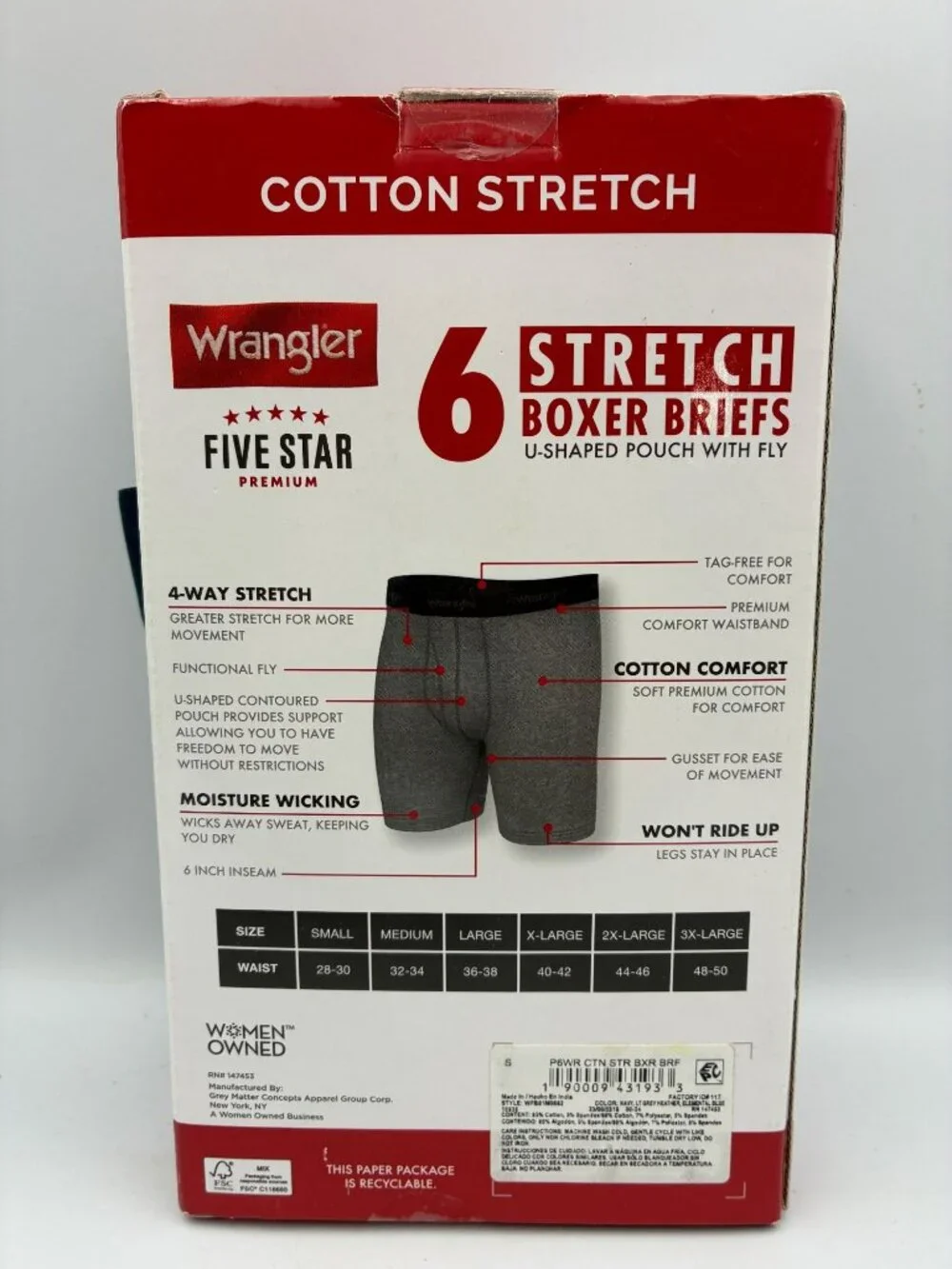 Wrangler Mens Cotton Stretch Boxer Briefs S 6-Pack Moisture Wicking Comfort Fit